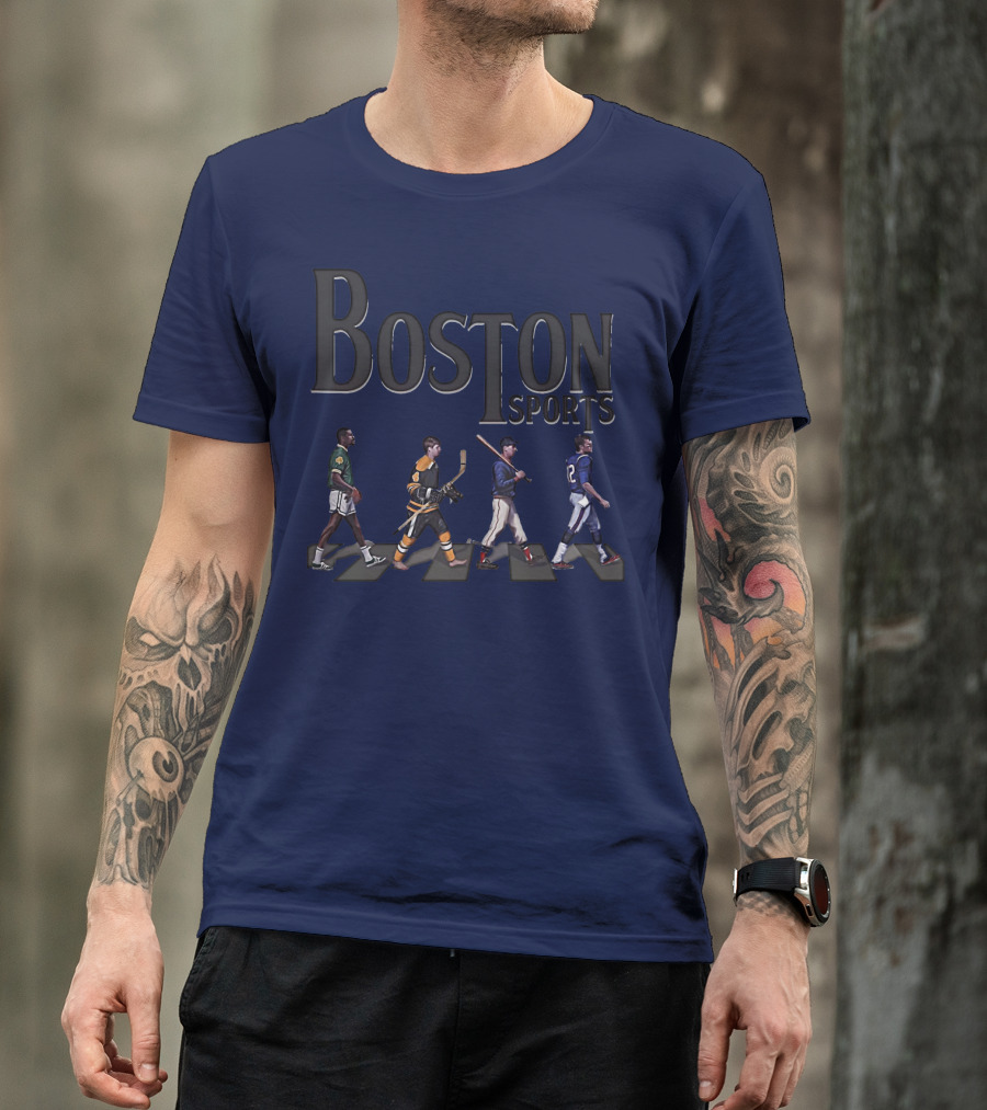 Boston Sports Evolution Inspired By Iconic Athletes In Green Basketball, Yellow Hockey, Baseball, And Blue Football Jerseys T-Shirt