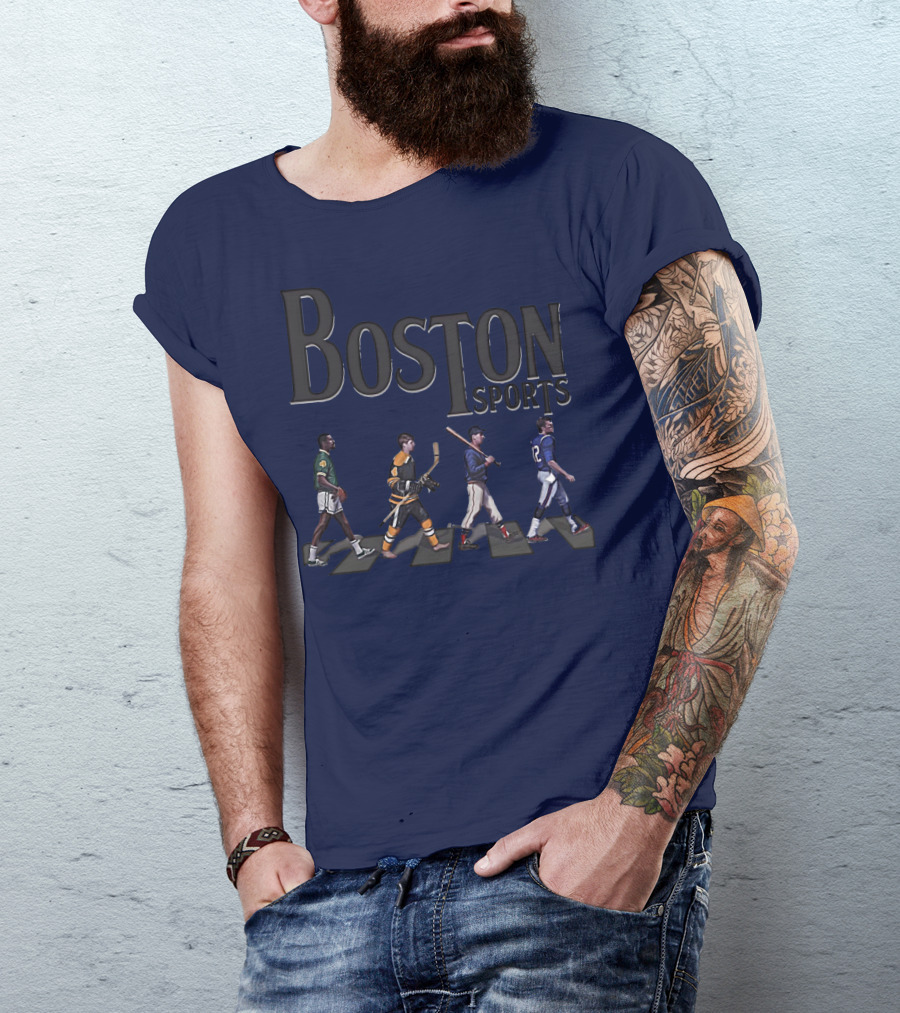 Boston Sports Evolution Inspired By Iconic Athletes In Green Basketball, Yellow Hockey, Baseball, And Blue Football Jerseys T-Shirt