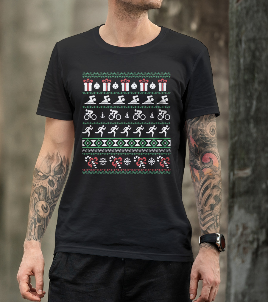 Triathlon Christmas Ugly Sweater Style With Gifts And Candy Canes T-Shirt