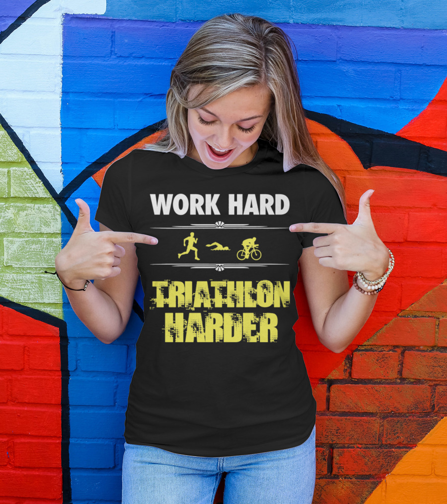 Work Hard Triathlon Harder Running Swimming Cycling Icons T-Shirt