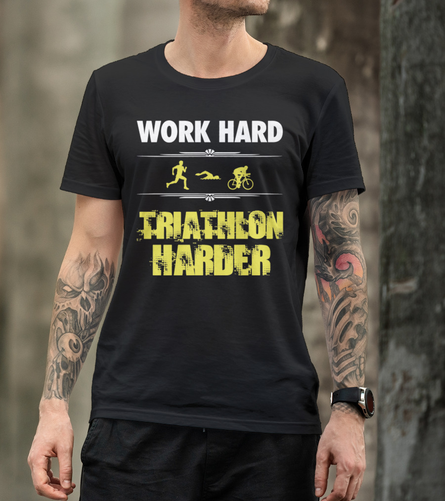 Work Hard Triathlon Harder Running Swimming Cycling Icons T-Shirt