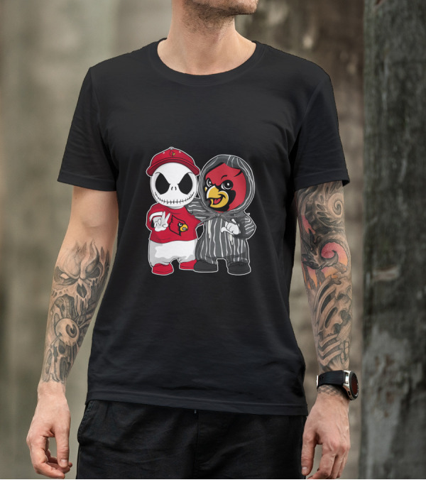 Louisville Cardinals Jack Skellington And Cardinal Mascot Duo T-Shirt