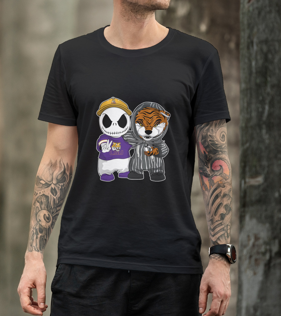 LSU Tigers Jack Skellington And Tiger Mascot Crossover T-Shirt