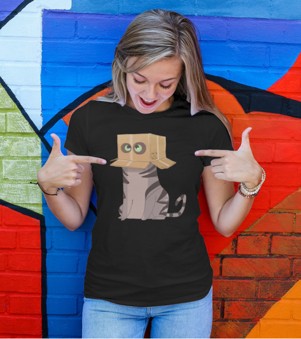 Cat In The Box With Big Eyes Wearing Cardboard Hat T-Shirt