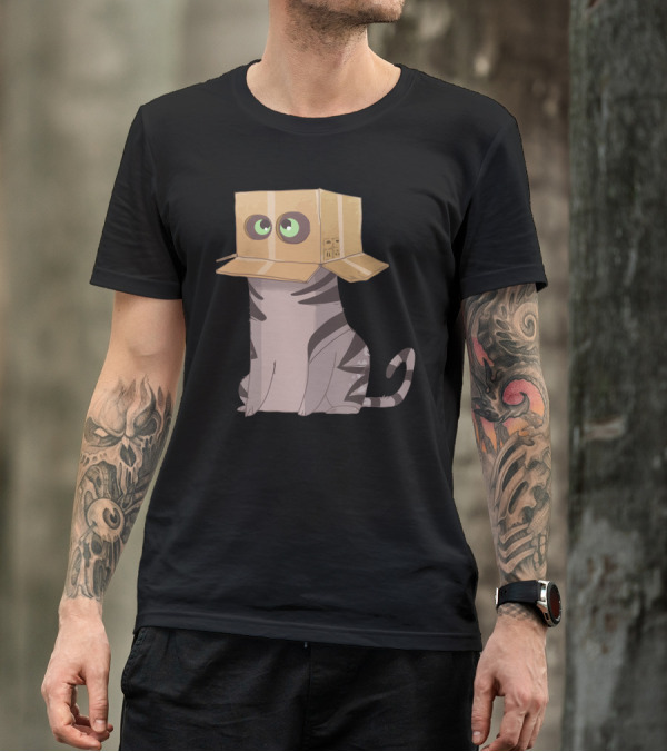 Cat In The Box With Big Eyes Wearing Cardboard Hat T-Shirt
