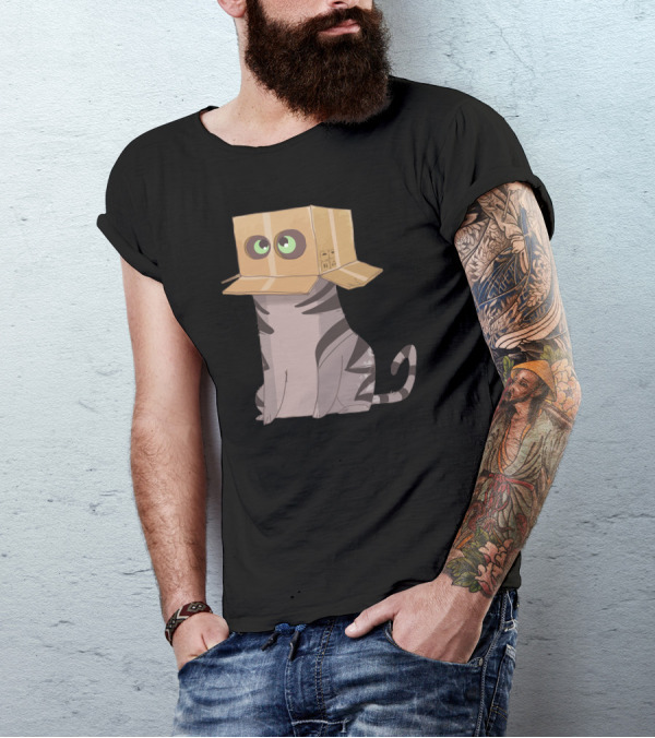 Cat In The Box With Big Eyes Wearing Cardboard Hat T-Shirt