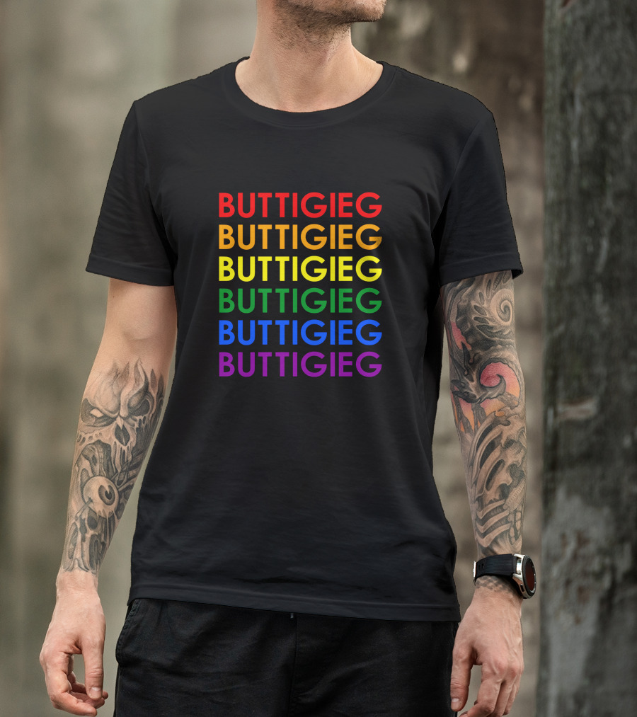 BUTTIGIEG Rainbow Pride Colors Text T-Shirt