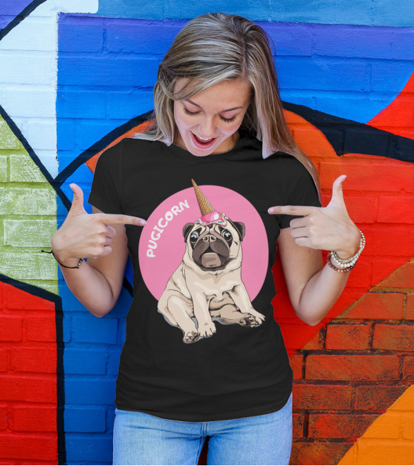 Pugicorn Ice Cream Cone Hat Sitting Pug Pink Circle T-Shirt