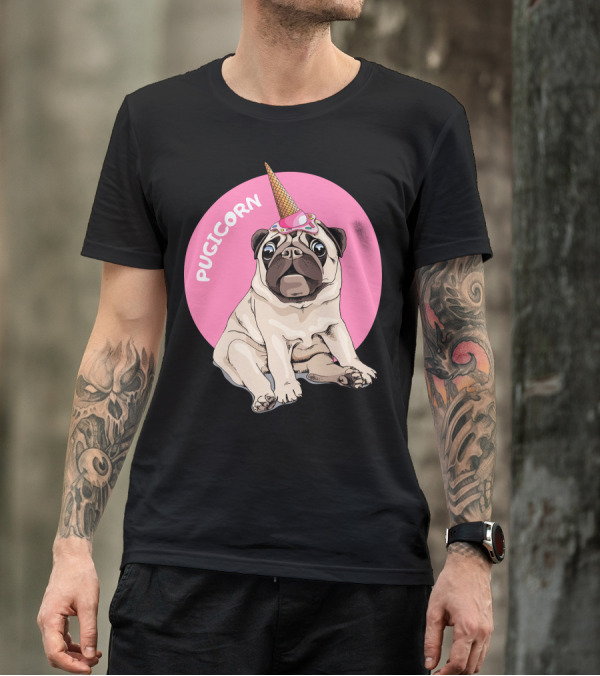 Pugicorn Ice Cream Cone Hat Sitting Pug Pink Circle T-Shirt