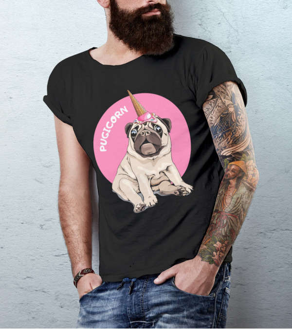 Pugicorn Ice Cream Cone Hat Sitting Pug Pink Circle T-Shirt