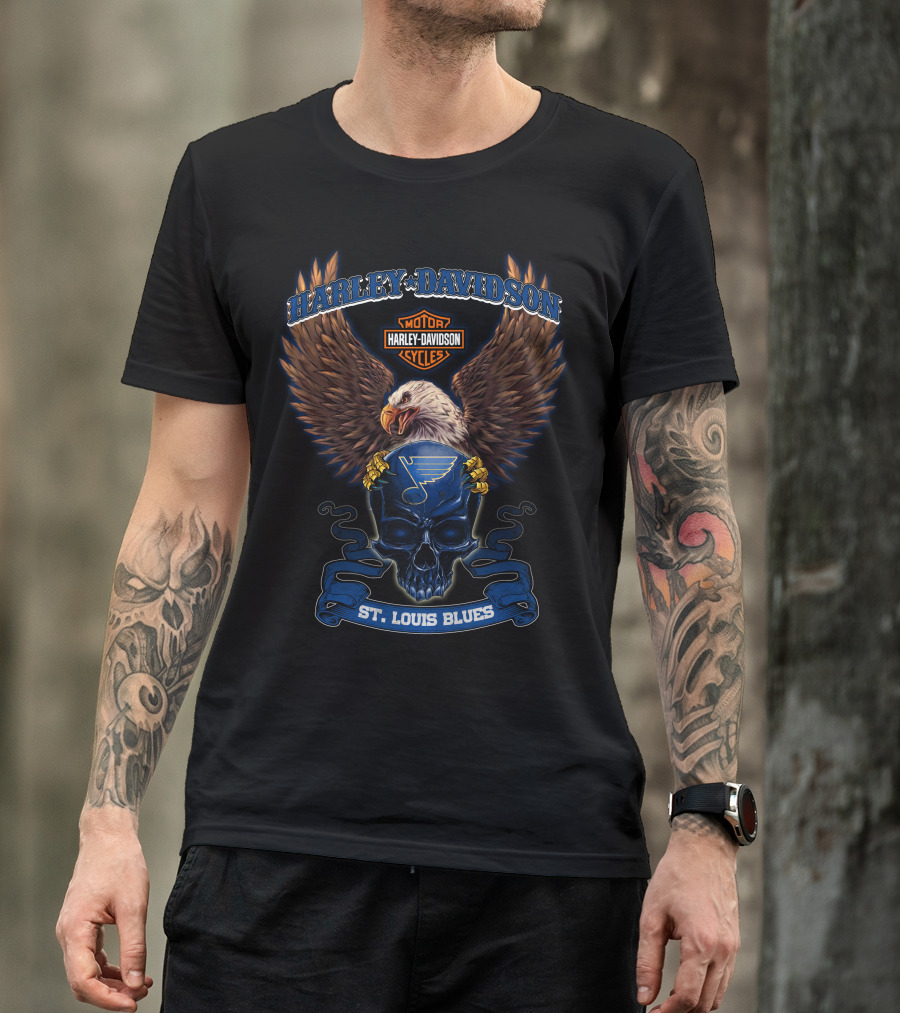 Harley Davidson Motor Cycles St Louis Blues Eagle Skull T-Shirt