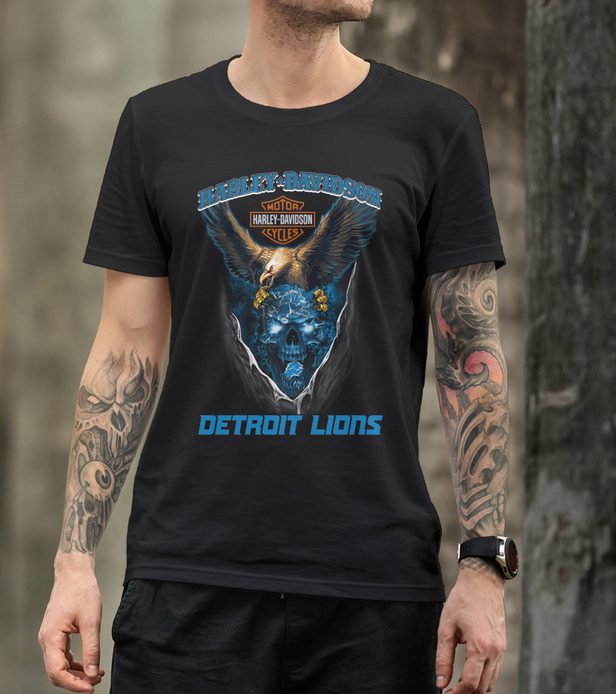 Harley Davidson Motor Cycles Detroit Lions Eagle Skull T-Shirt