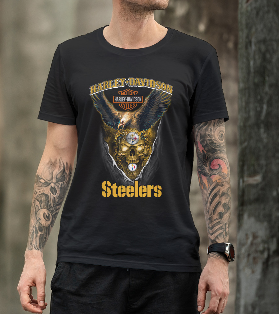 Harley Davidson Motor Cycles Pittsburgh Steelers Eagle Skull Nfl T-Shirt