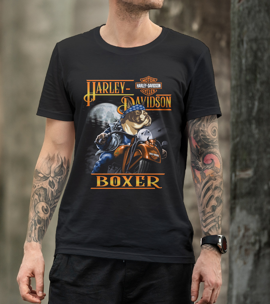 Harley Davidson Motorcycles Boxer Dog Riding Motorcycle Moon Scene T-Shirt