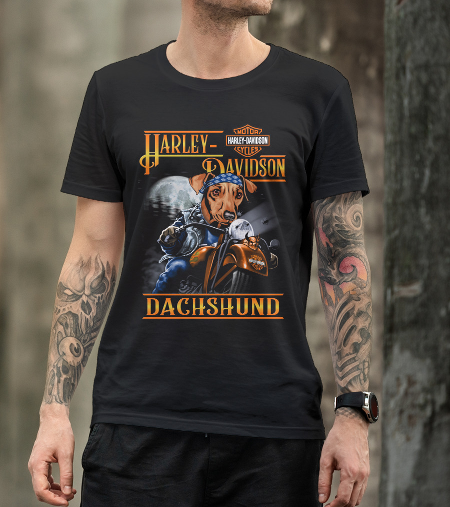 Harley Davidson Dachshund Motorcycle Rider Moon T-Shirt