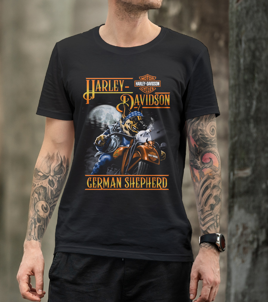 Harley Davidson Motor Cycles German Shepherd Riding Motorcycle Full Moon T-Shirt