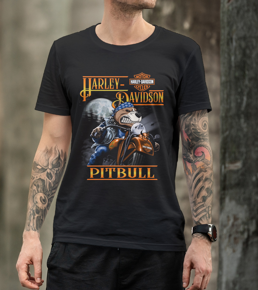 Harley Davidson Pitbull Motorcycle Rider Under Moonlight T-Shirt