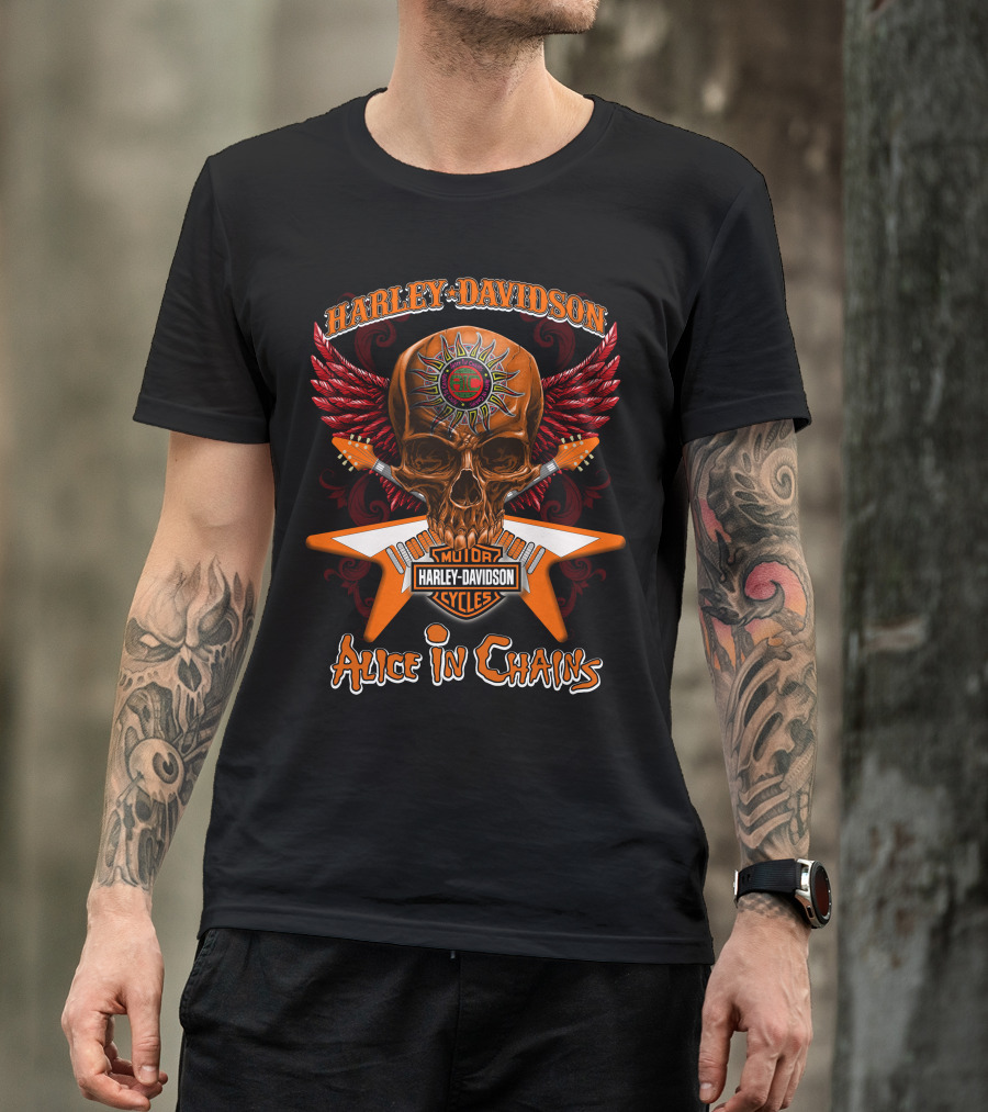 Harley Davidson Motor Cycles Skull Wings Alice In Chains T-Shirt