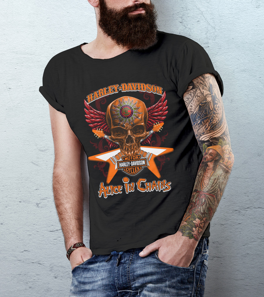 Harley Davidson Motor Cycles Skull Wings Alice In Chains T-Shirt