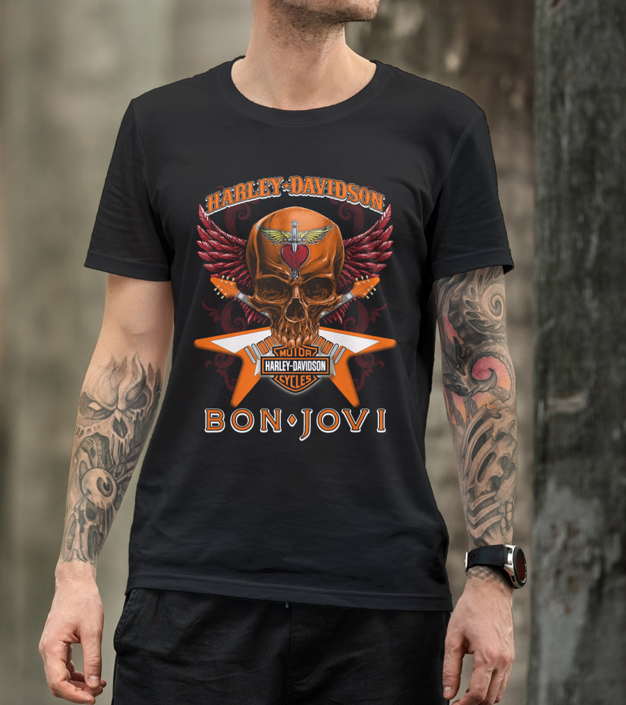 Harley Davidson Bon Jovi Skull Wings Guitar Cycles T-Shirt