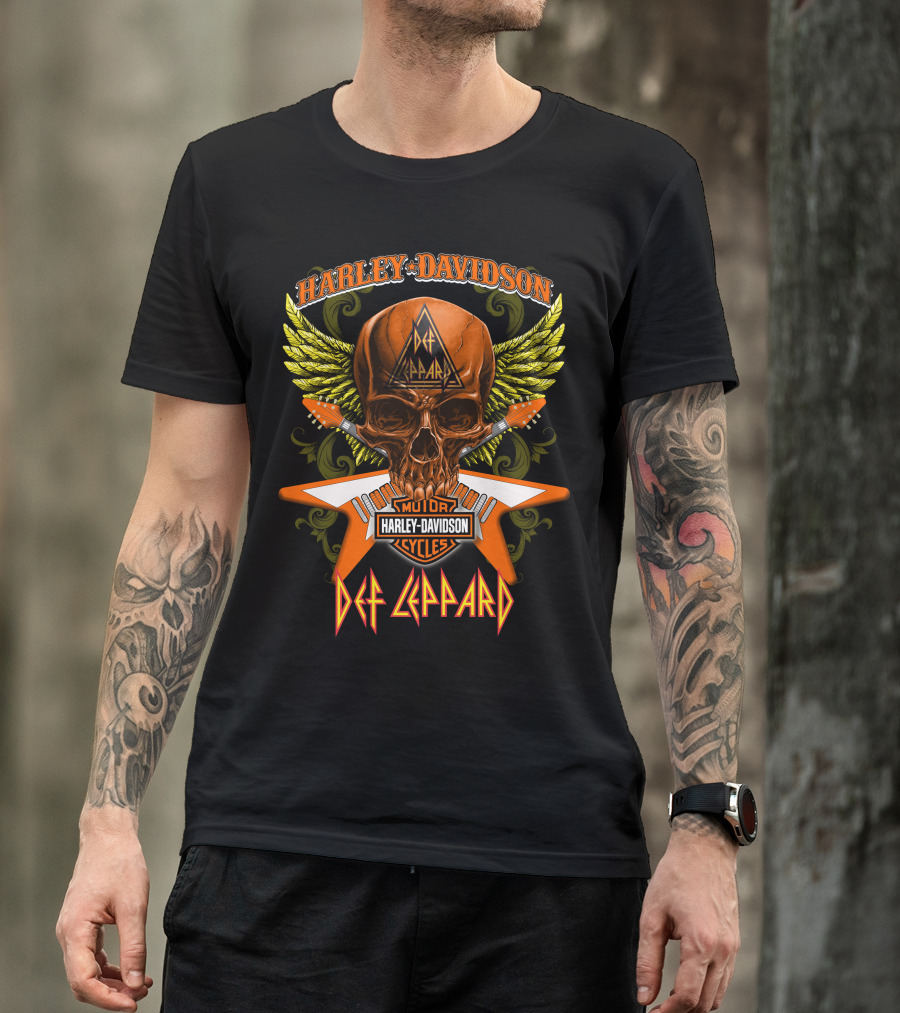 Harley Davidson Motorcycles Def Leppard Skull Wings Guitar T-Shirt
