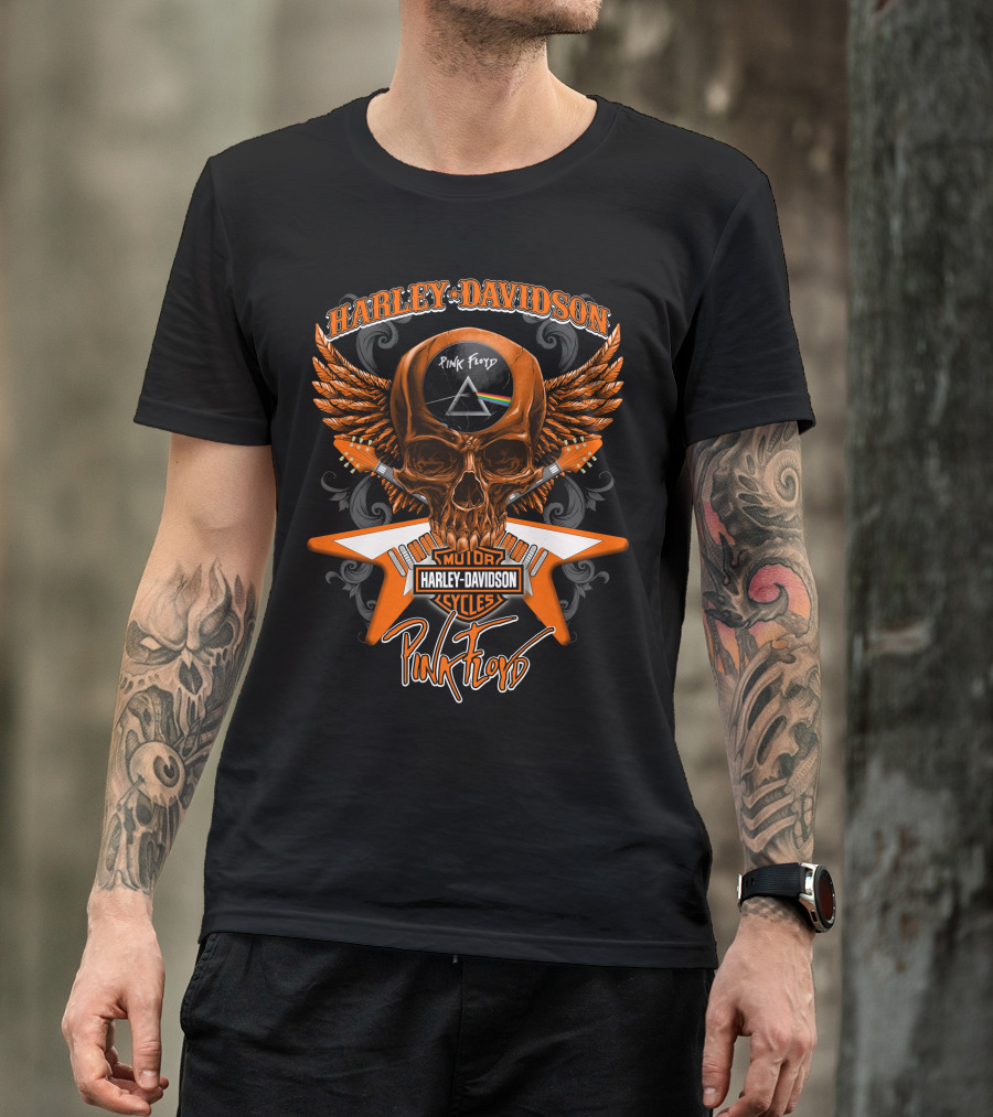 Harley Davidson Pink Floyd Skull Design With Prism And Wings T-Shirt