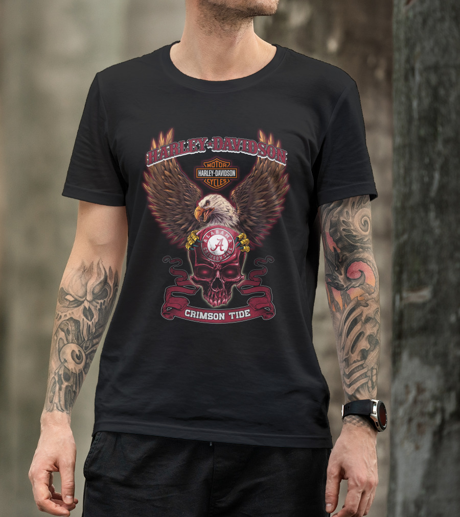 Harley Davidson Alabama Crimson Tide Ncaa Bald Eagle Skull T-Shirt