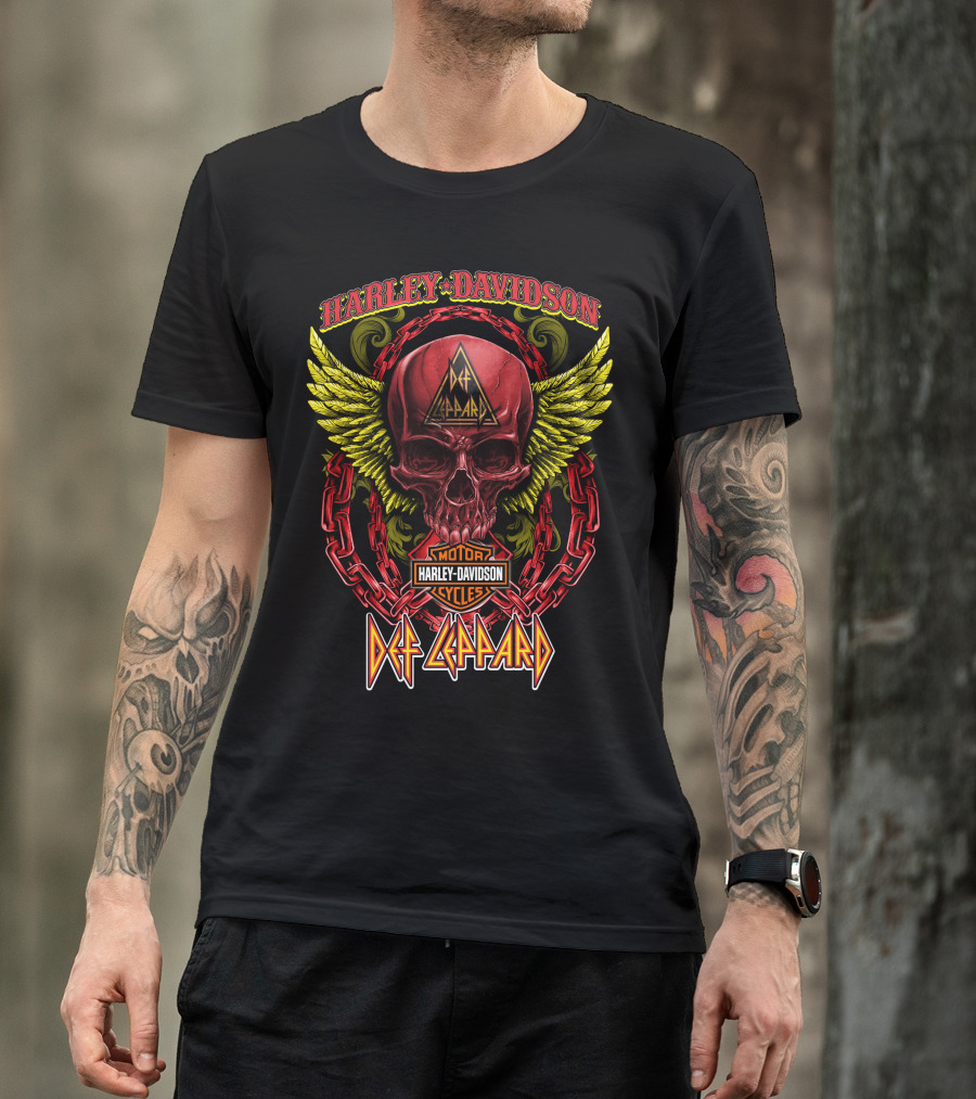 Harley Davidson Def Leppard Skull With Chains And Wings T-Shirt