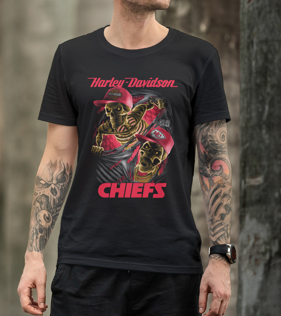 Harley Davidson Chiefs Kansas City Skeletons In Red Caps T-Shirt