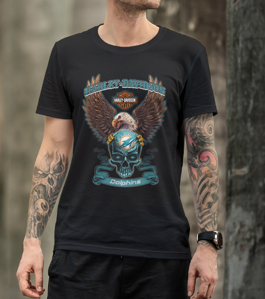 Harley Davidson Miami Dolphins Skull And Eagle T-Shirt