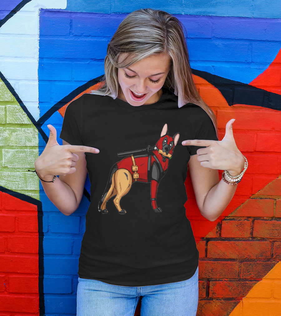 German Shepherd In Deadpool Costume With Sword And Bone T-Shirt