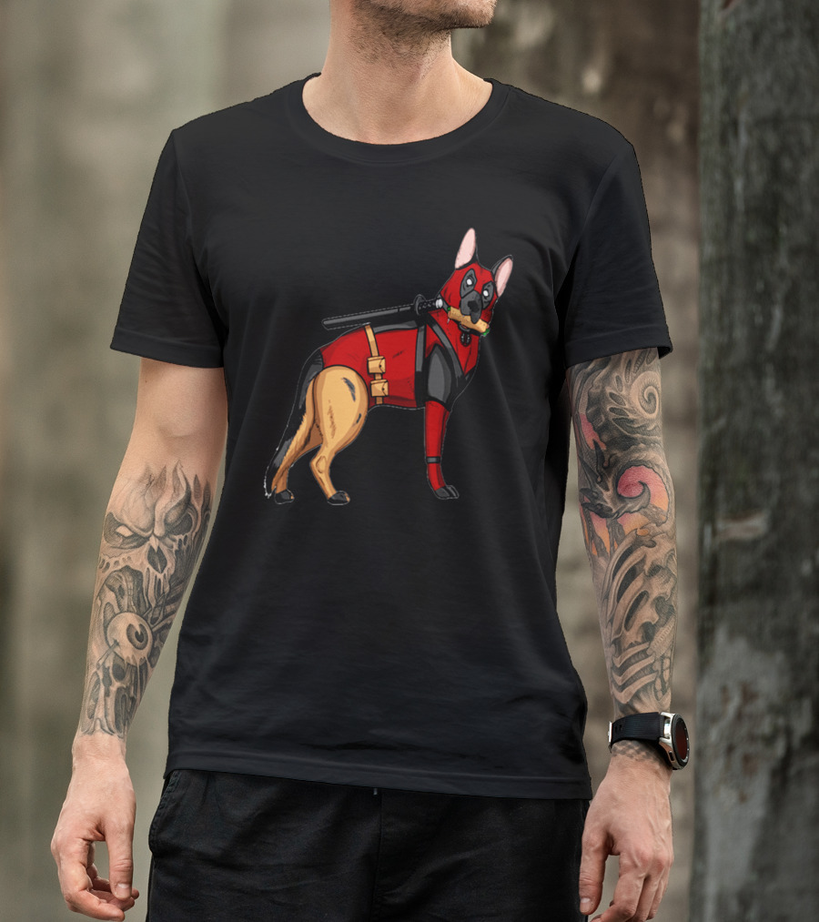 German Shepherd In Deadpool Costume With Sword And Bone T-Shirt