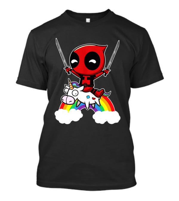 Deadpool Riding Unicorn Over Rainbow With Dual Swords T-Shirt