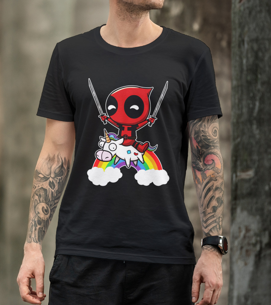 Deadpool Riding Unicorn Over Rainbow With Dual Swords T-Shirt