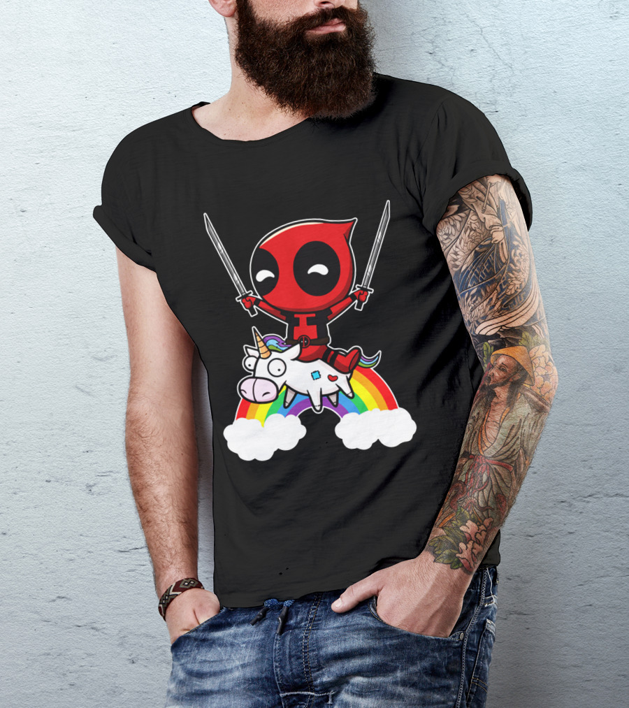 Deadpool Riding Unicorn Over Rainbow With Dual Swords T-Shirt