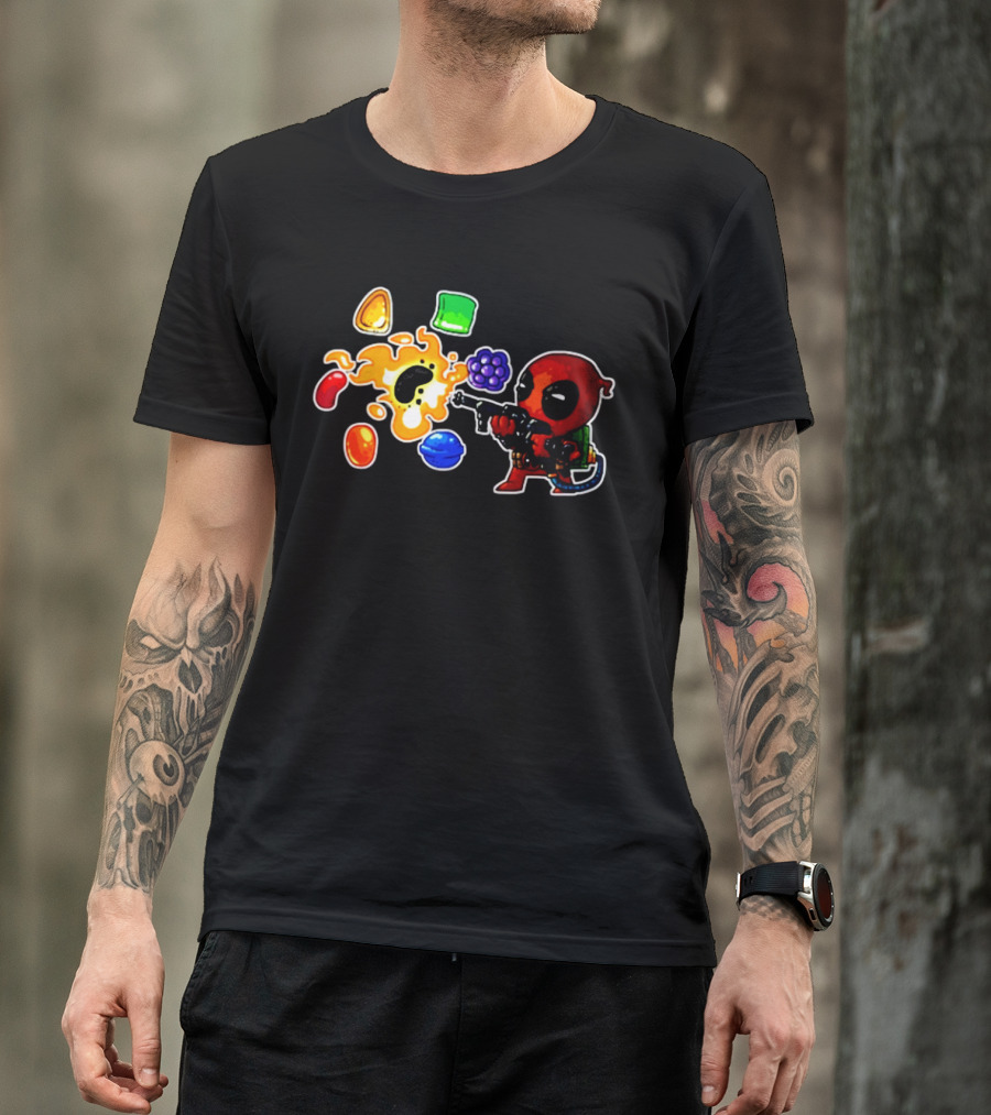 Deadpool Candy Explosion With Shooting Gun And Colorful Sweets T-Shirt