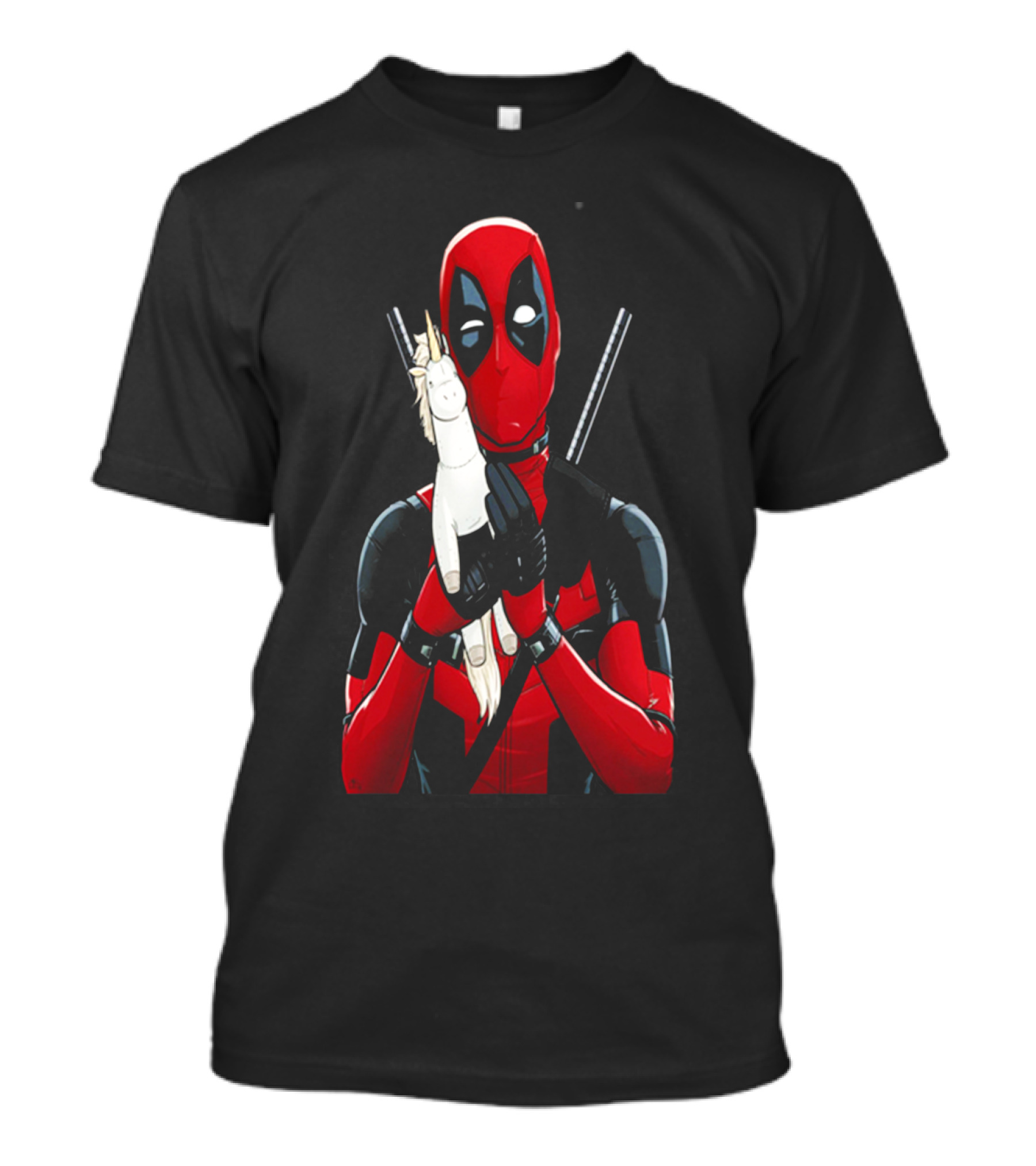 Deadpool Hugging Unicorn Toy With Iconic Red And Black Suit T-Shirt