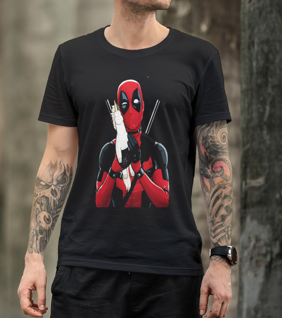 Deadpool Hugging Unicorn Toy With Iconic Red And Black Suit T-Shirt