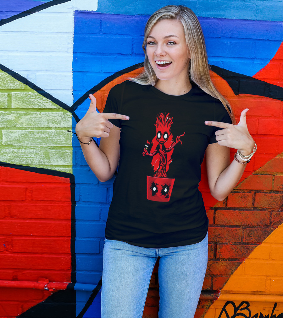 Deadpool Groot Mashup With Baby Tree Holding Paintbrush In Red Pot With Comic Mask Eyes T-Shirt