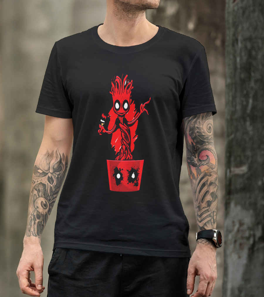 Deadpool Groot Mashup With Baby Tree Holding Paintbrush In Red Pot With Comic Mask Eyes T-Shirt