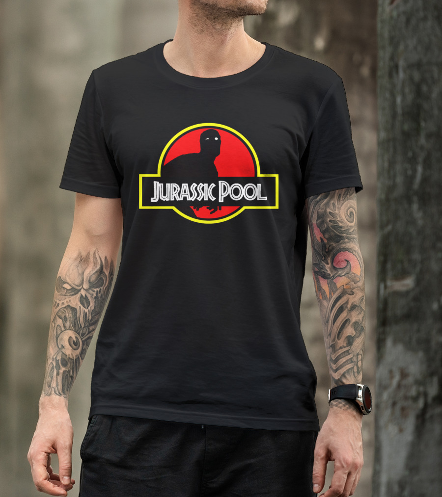 Jurassic Pool Deadpool Parody With Dinosaur Logo And Red Circle T-Shirt