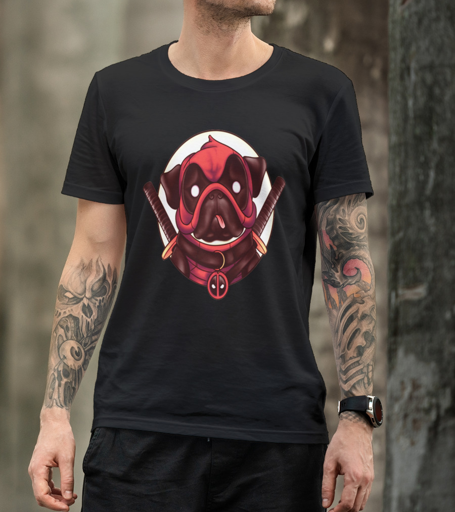 Deadpug Pug Wearing Deadpool Mask With Swords T-Shirt