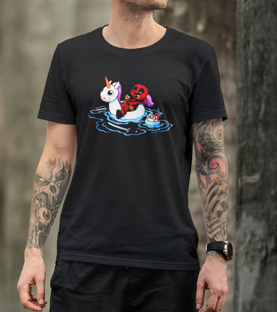 Deadpool Relaxing On Inflatable Unicorn With Rubber Duck And Swords T-Shirt