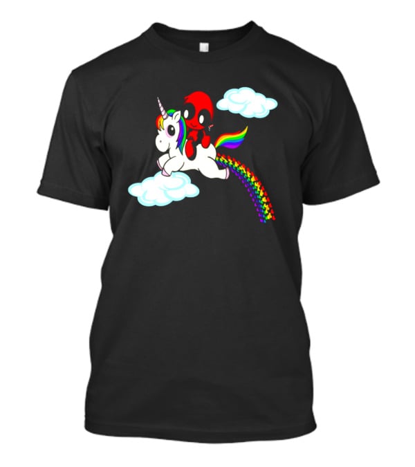 Deadpool Riding Rainbow Unicorn In Clouds T-Shirt