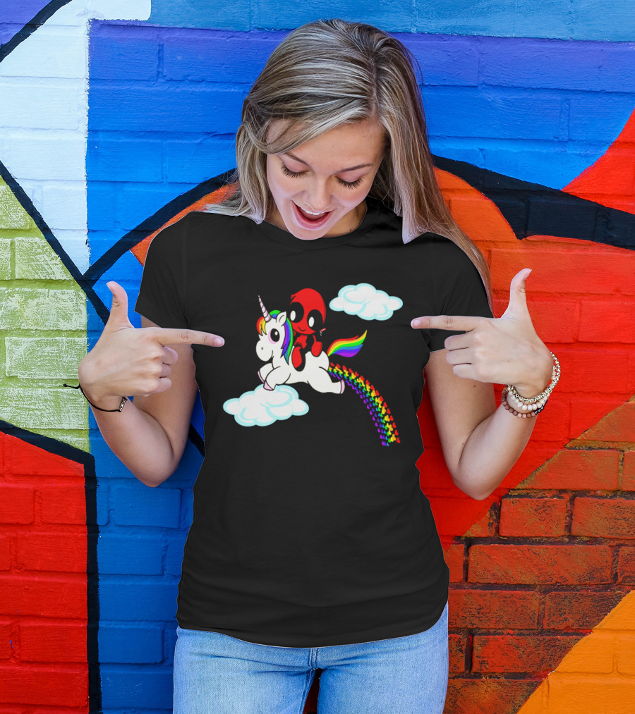 Deadpool Riding Rainbow Unicorn In Clouds T-Shirt