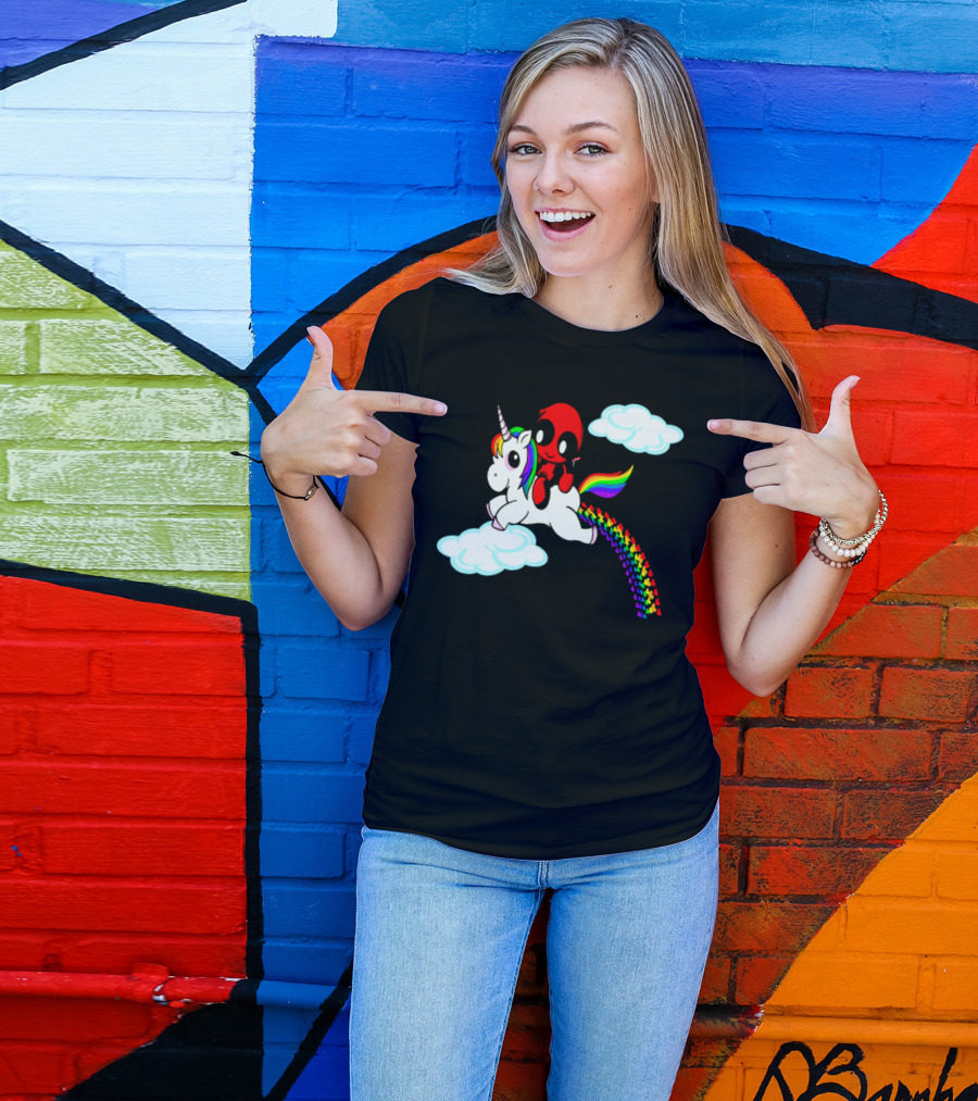 Deadpool Riding Rainbow Unicorn In Clouds T-Shirt