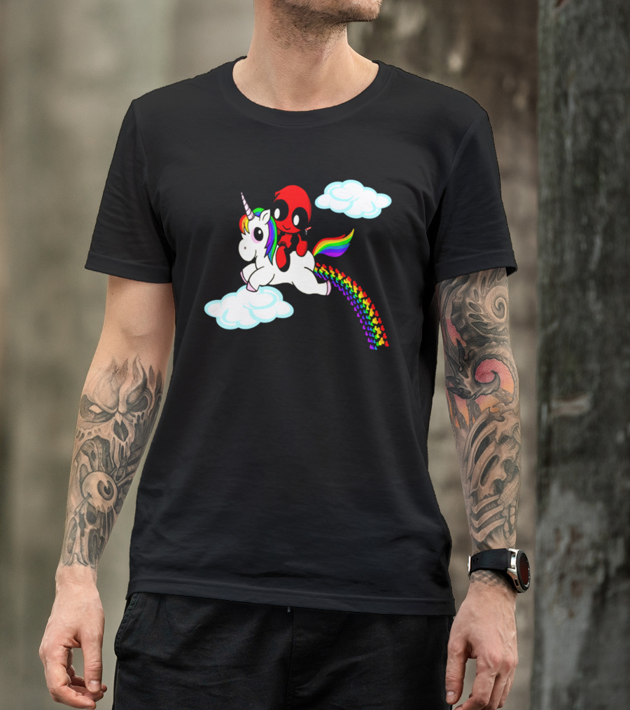 Deadpool Riding Rainbow Unicorn In Clouds T-Shirt