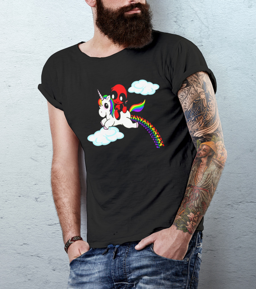 Deadpool Riding Rainbow Unicorn In Clouds T-Shirt