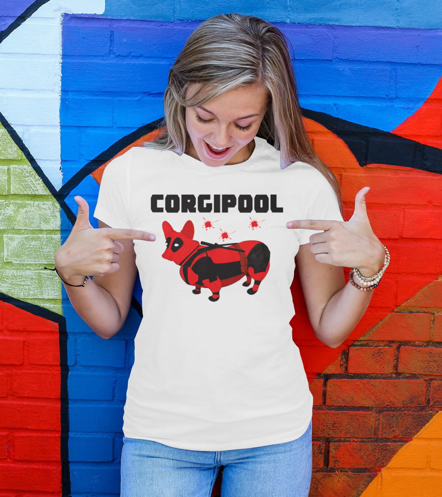 Corgipool Corgi Deadpool Parody With Red And Black Costume And Comic-Style Font T-Shirt