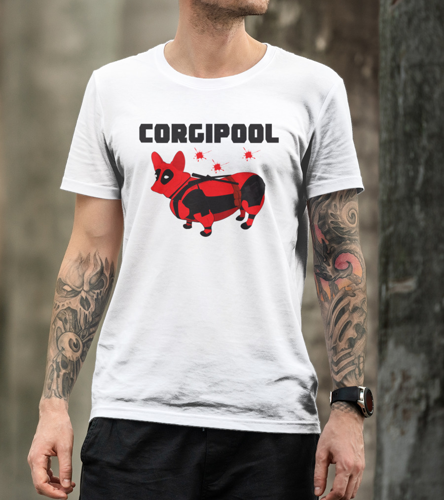 Corgipool Corgi Deadpool Parody With Red And Black Costume And Comic-Style Font T-Shirt